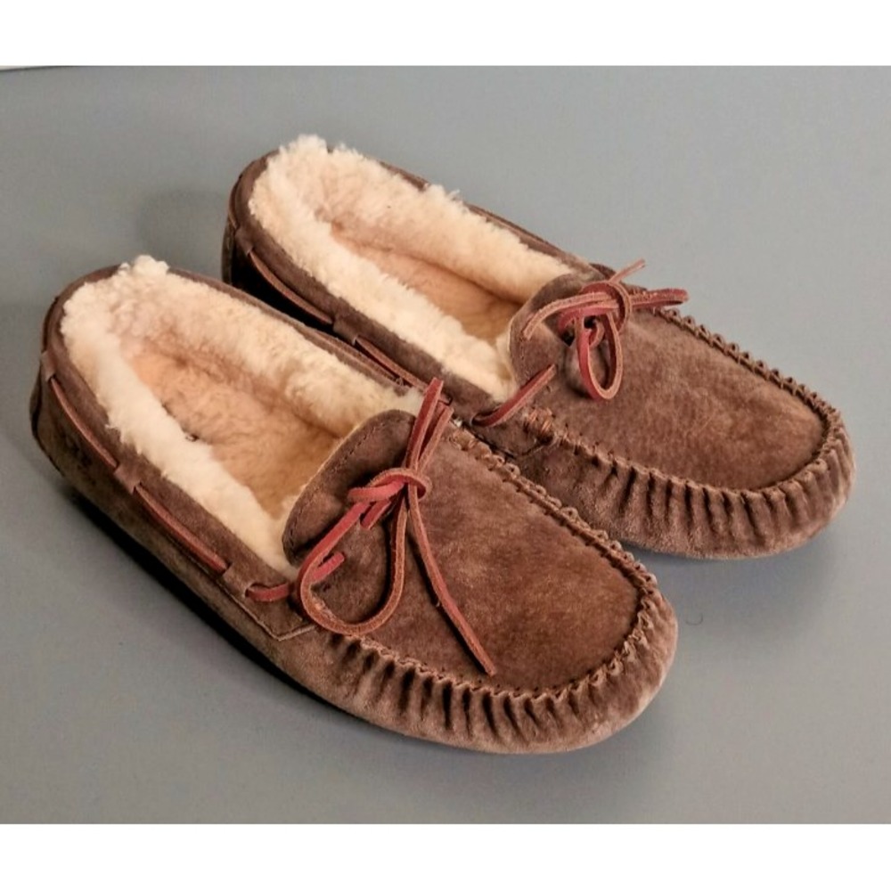 UGG Suede Brown Moccasin Wool Lined Slippers Womens 7 Cozy Comfy No Box
